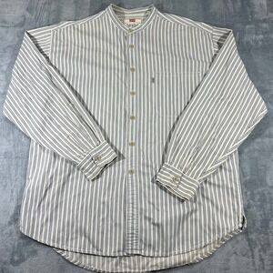 Levis Vintage Mens Large Band Collar Striped Button Down Shirt Blue Tan